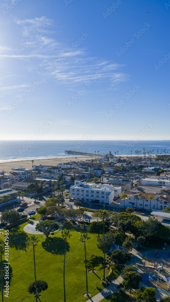 Fototapeta premium Aerial shot along the coastline at the Newport Beach Pier in Newport Beach California USA