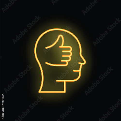 Neon sign showing a head with a thumbs up inside, representing positive thinking, self esteem and mental health