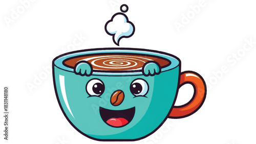 Cute Cartoon Coffee Cup Character with Happy Face and Steam.