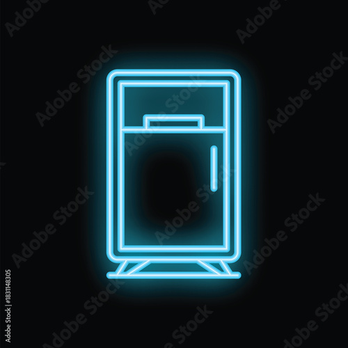 Glowing neon sign illustrating a refrigerator with a freezer compartment, a simple yet evocative representation of food storage and preservation