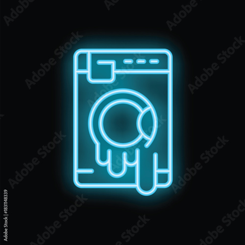 Bright blue neon icon of a washing machine leaking water, suitable for use on a dark background