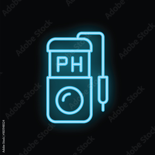 Blue neon icon of a device measuring ph with a probe displaying the results on a black background