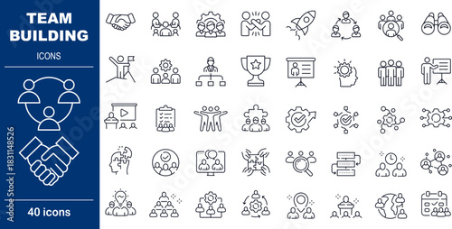 Team Building and Corporate Collaboration Vector Icons. Set of 40 editable stroke symbols for group dynamics, leadership, and success. Includes handshake, network, and trophy