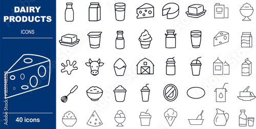 Dairy Products and Milk Food Vector Icons. Set of 40 editable stroke symbols for cheese, butter, and farming. Includes milk bottles, cheese wedges, and ice cream