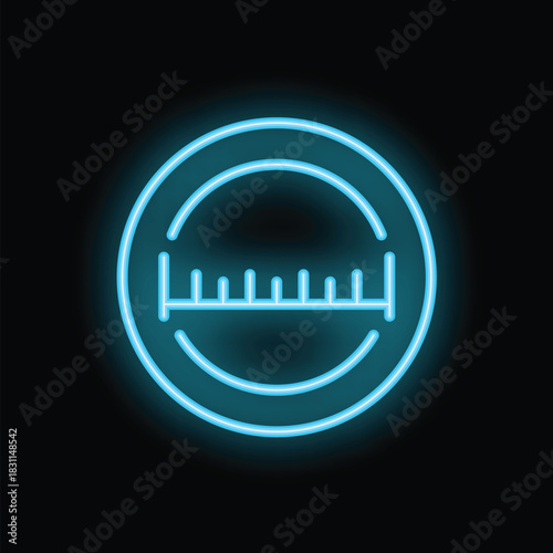 Blue neon sign shaped as a circle with a ruler inside, glowing in the dark, representing the concept of measuring length