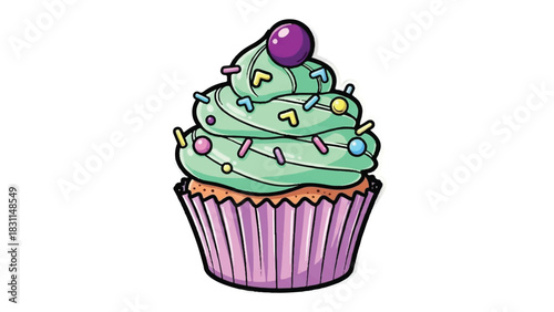 Delicious Mint Green Cupcake with Sprinkles and Cherry Topping.