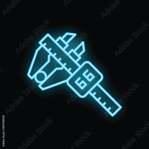 Blue neon sign of a vernier caliper glowing on a black background