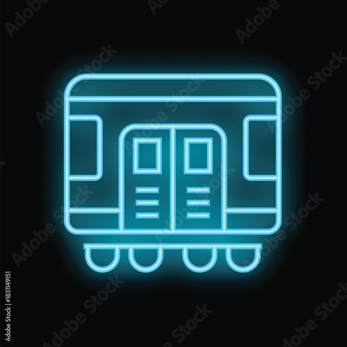 Blue neon train icon glowing on dark background, representing concepts of public transportation, travel, and urban commuting
