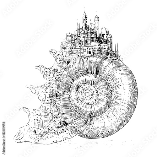Snail shell city drawing intricate architecture fantasy cityscape travel illustration detailed sketch art print