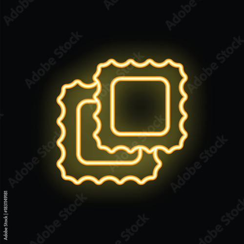 Yellow neon sign of delicious ravioli pasta is glowing on black background