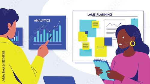 Two business colleagues engaged in analytics and planning, with a man pointing at a chart and a woman taking notes on a board labeled lams planning