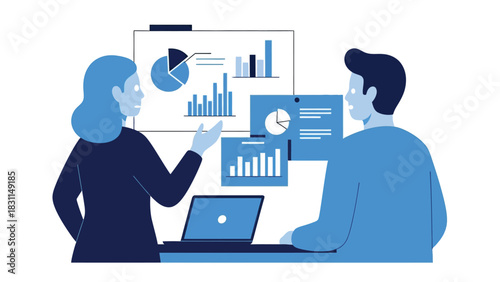 Two business people collaborate on data analysis illustration, showing a male and female presenting information on charts and graphs with a laptop at work