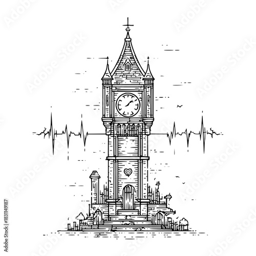Big ben london clock tower heartbeat line art illustration landmark architecture design vector drawing icon