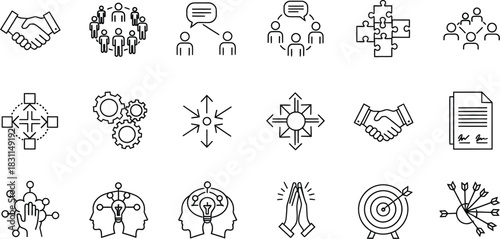 Set of 18 outline icons representing business concepts including handshake, teamwork, communication, problem solving, collaboration, partnership