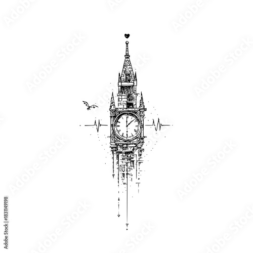 Detailed big ben clock tower illustration with heartbeat and dragon vector drawing design concept