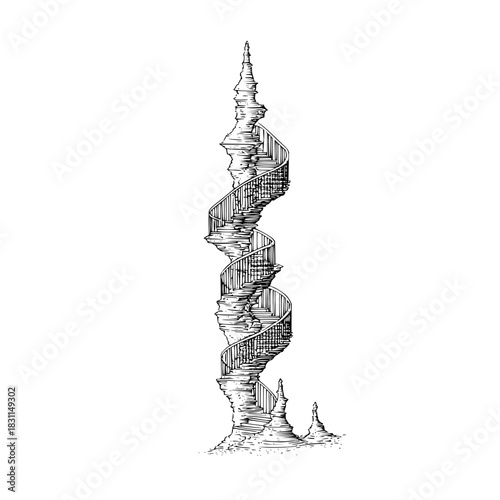Detailed drawing of a spiral staircase on a rock formation for architectural design and inspiration