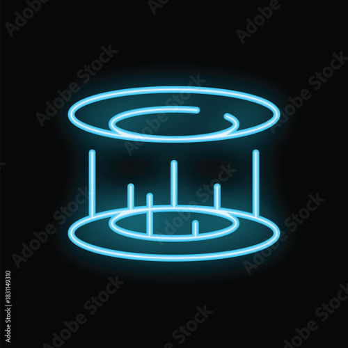 Blue glowing neon icon of two circles connected by lines, symbolizing a teleportation process