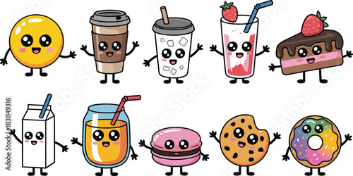 Cute cartoon food and drink characters with happy faces, colorful kawaii desserts and beverages perfect for kids products and branding, flat vector illustration