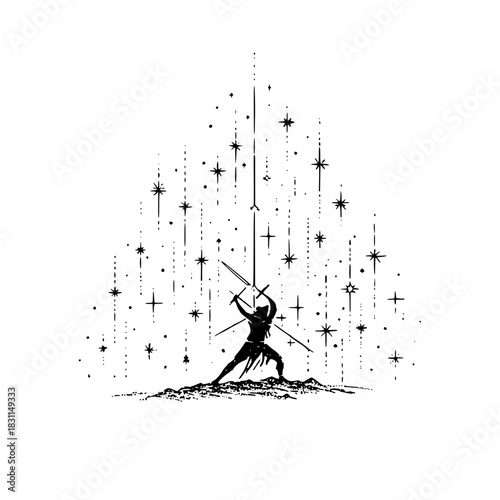 Warrior silhouette with swords against starry sky fantasy art black and white illustration design