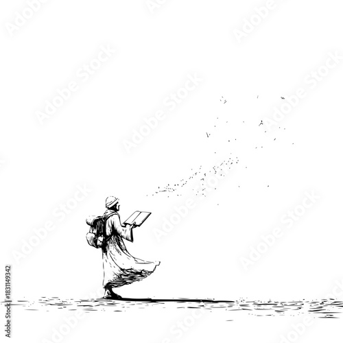 Illustration of a scholar reading a book while walking in the desert in black and white drawing style