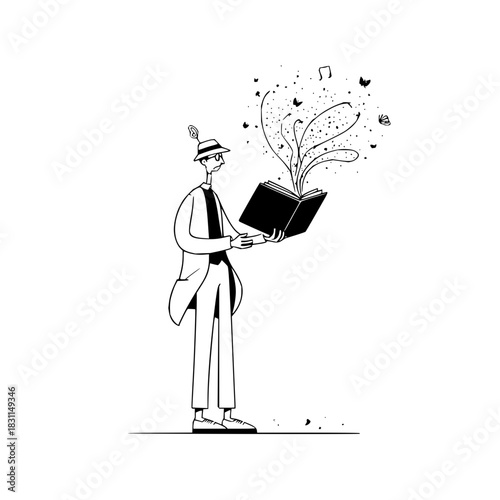 Man reading magic book with butterflies and notes illustration vector design black and white drawing