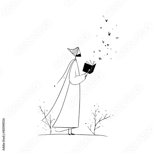 Illustration of a person reading a book with butterflies flying out in black and white art design