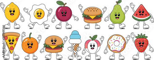 Cute cartoon food characters including fruits, desserts, fast food, and snacks waving happily for kids branding, animation, education, flat vector illustration