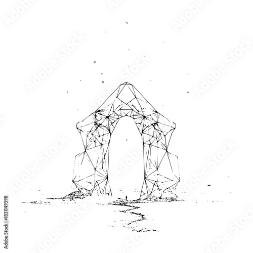 Abstract geometric archway drawing with figure and path in black and white landscape design art
