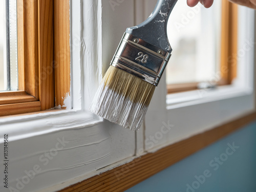 Primer undercoat layer on wooden window trim for DIY renovation
