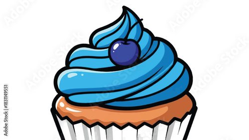 A delicious blueberry cupcake with vibrant blue frosting and a single blueberry on top.
