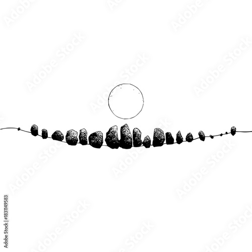 Stonehenge inspired rock formation drawing with moon minimalist landscape illustration art print design
