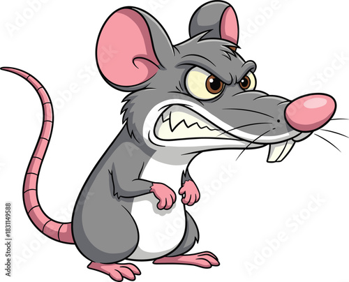 Cartoon angry rat character with clenched fists, aggressive expression, flat vector illustration for kids, humor, animation, storytelling, mascot