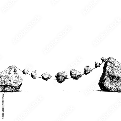 Balancing rock stones on a string artistic illustration black and white nature zen equilibrium stability art