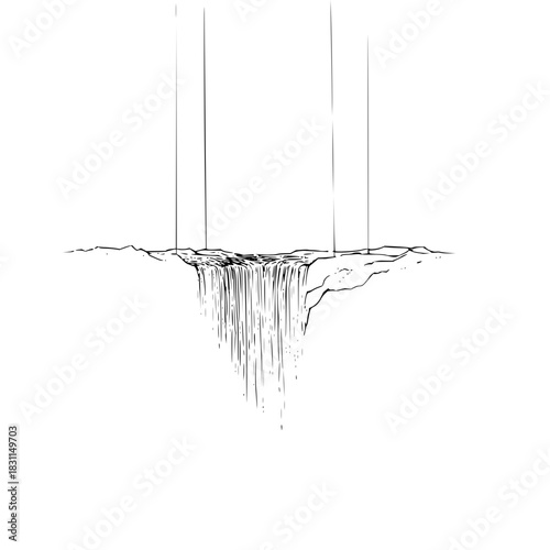 Waterfall illustration drawing landscape scenery nature river cliff edge black and white minimalist design