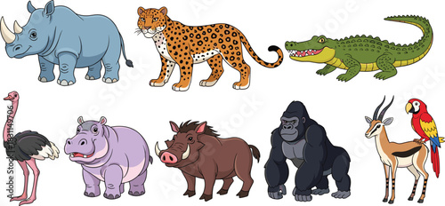 Cartoon wild animal collection with jungle species, colorful characters, flat vector illustration for kids, education, zoo, safari, fun