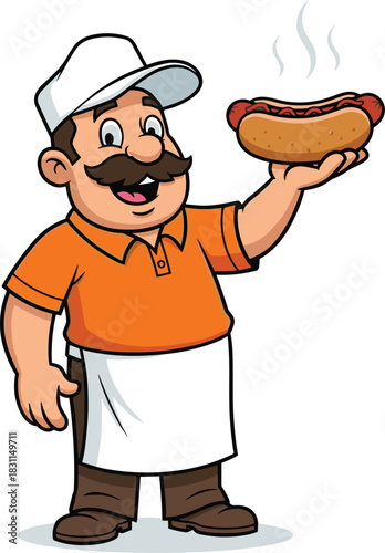 Cartoon hot dog vendor character with mustache, cheerful expression, steaming food, flat vector illustration for branding, kids, fun, food