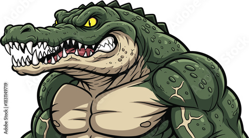 Cartoon muscular crocodile character with fierce expression, battle scars, fantasy creature, flat vector illustration for comics, kids, storytelling, mascot