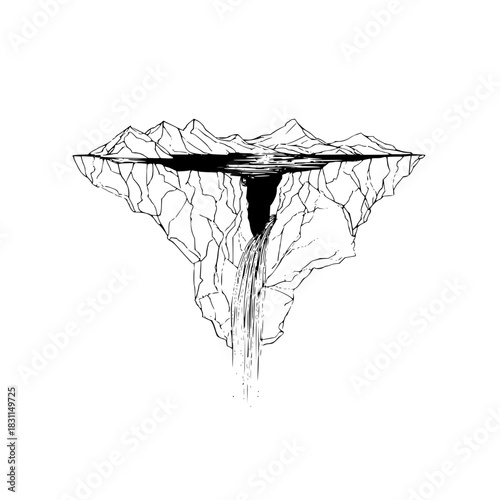 Floating island waterfall drawing black and white landscape mountain scenery nature illustration artwork design