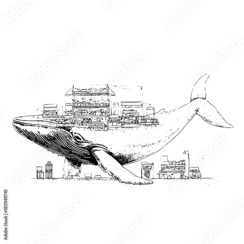 Whale illustration with city landscape drawing whale art print ocean life nautical decor sea creature artwork