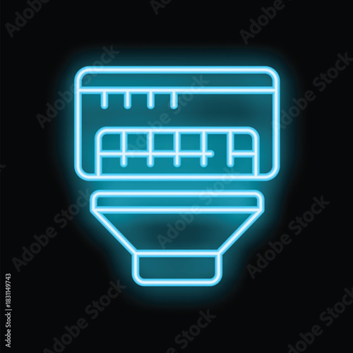 Glowing blue neon icon of a camera lens, illustrating aperture blades and focal length