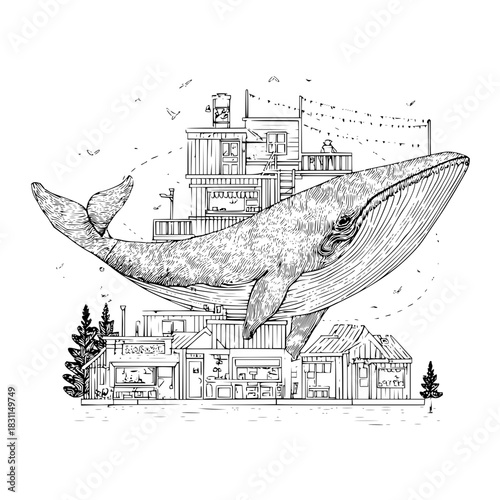 Whale illustration art print featuring a whale flying over a city with houses and buildings art