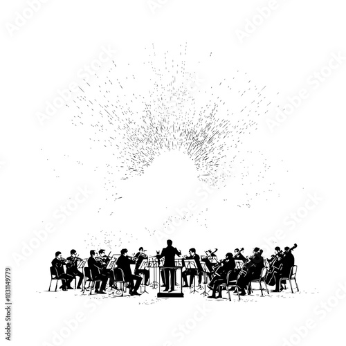 Orchestra performance vector art: classical music concert with conductor and musicians silhouette illustration