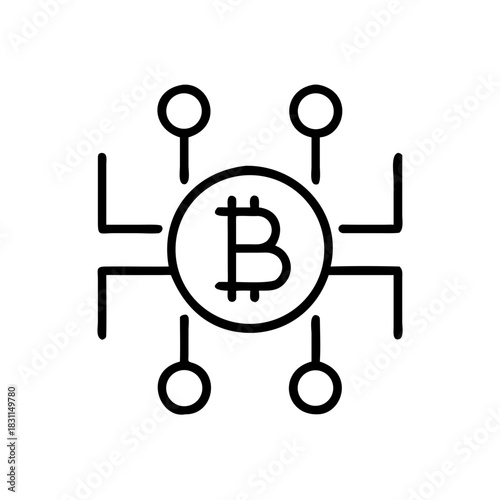 Bitcoin symbol surrounded by network connections in minimalist design  
