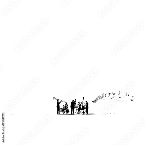 Black and white jazz band playing music illustration vector graphic design and art for backgrounds