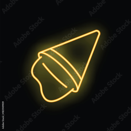 Bright yellow neon sign in the shape of a dripping ice cream cone is glowing on a black background