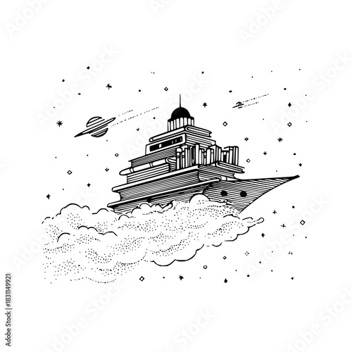 Book ship in space illustration for book lovers and fantasy art enthusiasts, digital art and bookish gifts