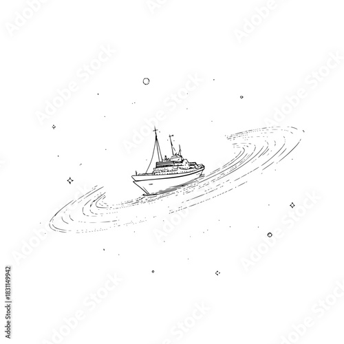 Cruise ship sailing through space galaxy illustration cosmic travel nautical adventure drawing vector art