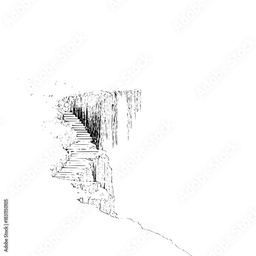 Cliffside staircase leading to waterfall vector illustration black and white art drawing design