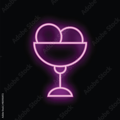 Neon sign of ice cream sundae in glass vase shining on black background