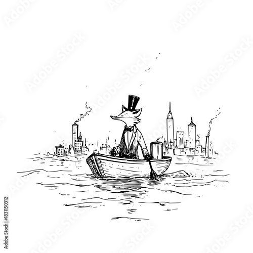 Fox in boat cityscape illustration vintage art print animal anthropomorphic river top hat suit drawing artwork
